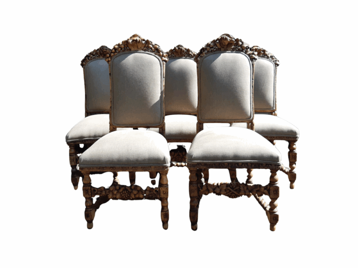 Set of 5 19th-Century Carved Oak Dining Chairs upholstered