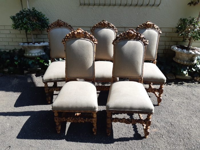 Set of 5 19th-Century Carved Oak Dining Chairs upholstered - Image 4