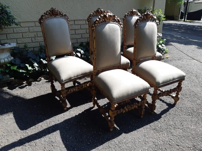 Set of 5 19th-Century Carved Oak Dining Chairs upholstered - Image 6