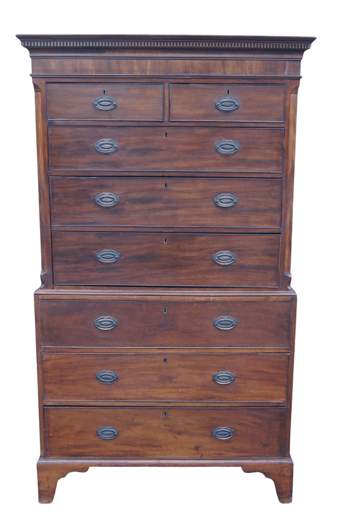 An 18th Century/ Circa 1770 George III Mahogany and Crossbanded Chest on Chest with Original Handles