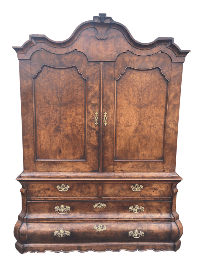 19th Century Burr Walnut Gabled Bombe Armoire in Rococo Taste, Dutch circa 1860
