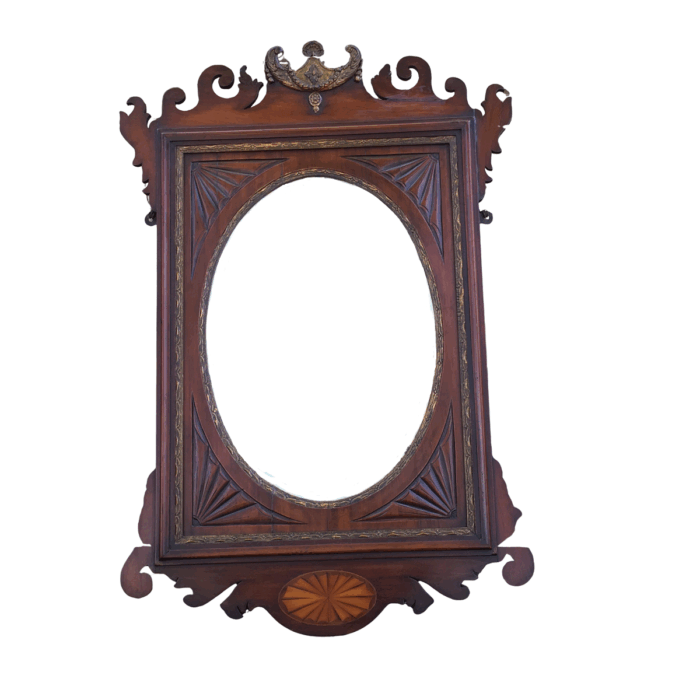 Early 19th Century Georgian Mahogany & Gilded Wall Mirror with Carved Frame & Inlaid Fan Motif