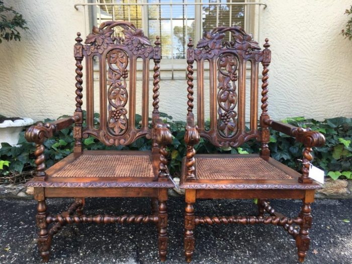 Pair Continental Carved Oak Armchairs with Vine Leaf Motif - ND - Image 2
