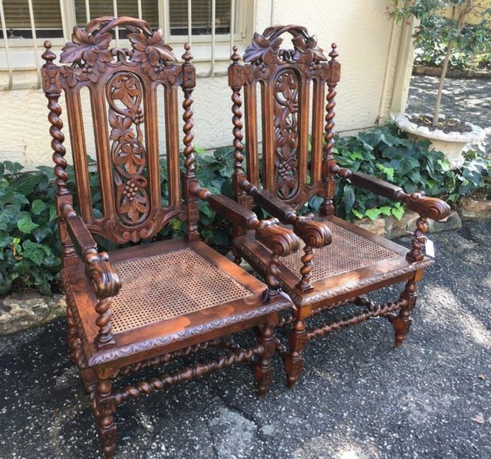 Pair Continental Carved Oak Armchairs with Vine Leaf Motif - ND - Image 13