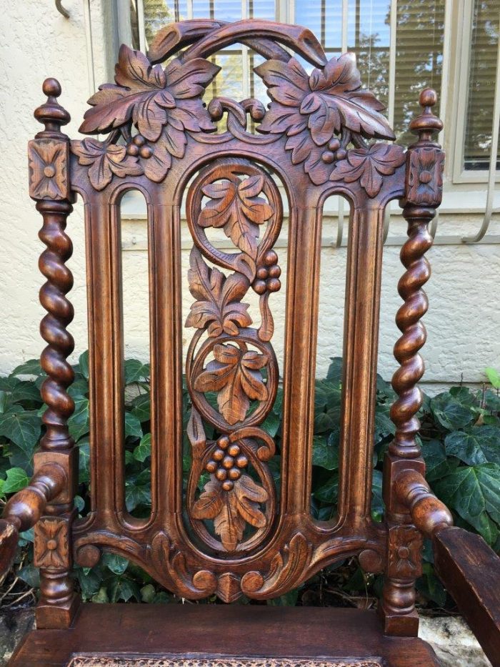 Pair Continental Carved Oak Armchairs with Vine Leaf Motif - ND - Image 8