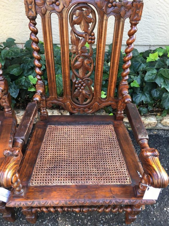 Pair Continental Carved Oak Armchairs with Vine Leaf Motif - ND - Image 6