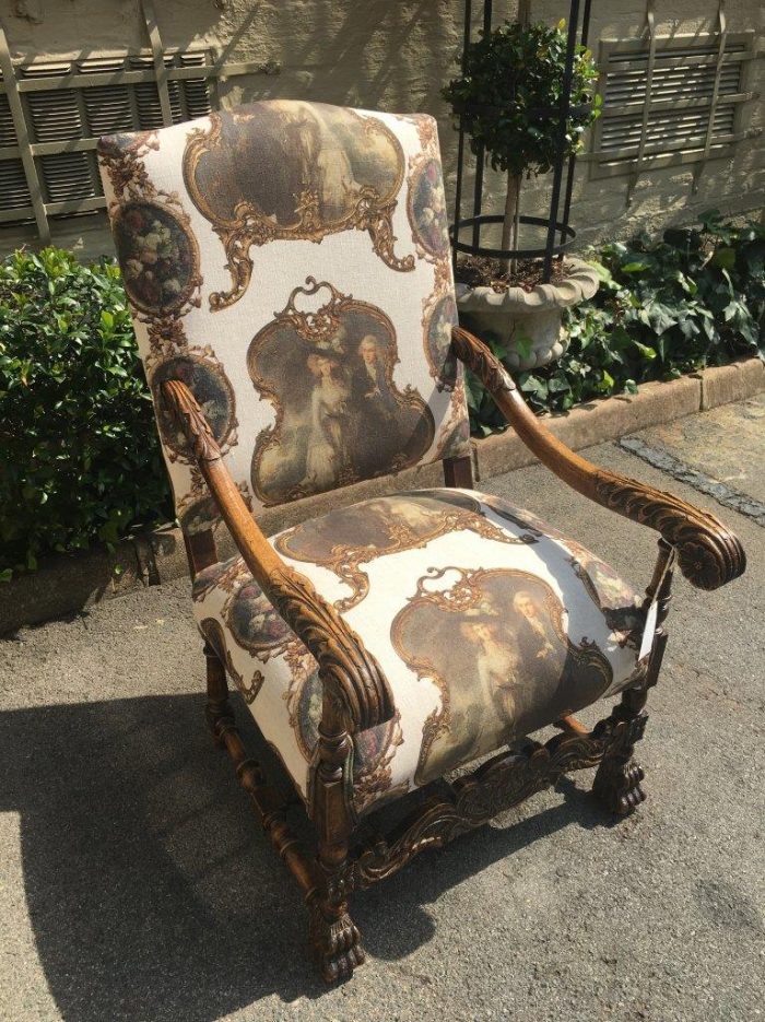 Continental Carved Oak Armchair  upholstered - Image 5
