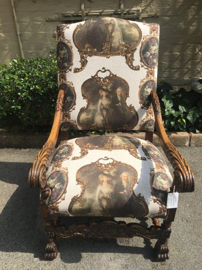 Continental Carved Oak Armchair  upholstered - Image 2