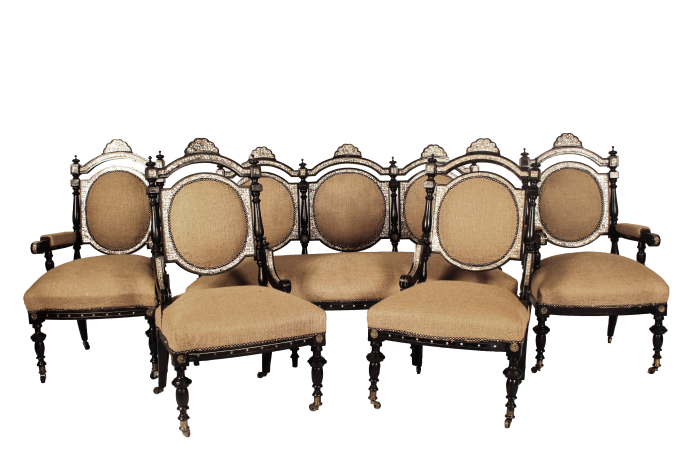 Mid Victorian Ebonised set of 3 Seater settee, 2x arm chairs and 2x chairs with Mother of Pearl Inlay (5 Pieces) upholstered