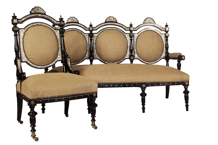 Mid Victorian Ebonised set of 3 Seater settee, 2x arm chairs and 2x chairs with Mother of Pearl Inlay (5 Pieces) upholstered - Image 23