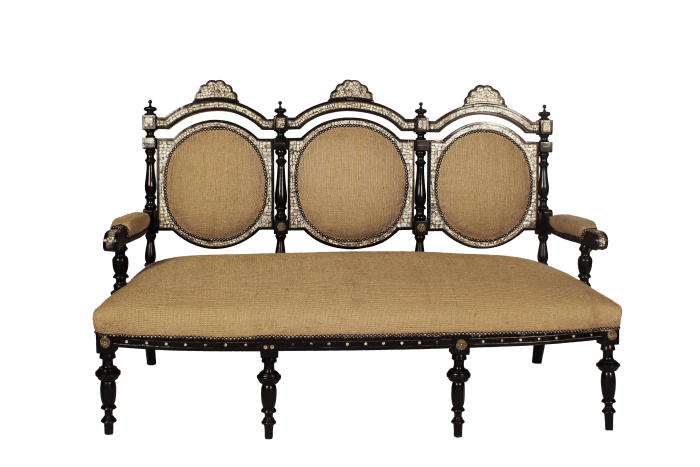 Mid Victorian Ebonised set of 3 Seater settee, 2x arm chairs and 2x chairs with Mother of Pearl Inlay (5 Pieces) upholstered - Image 24