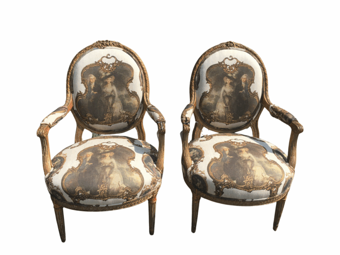 Pair French Louis Style Salon Giltwood Armchairs  upholstered