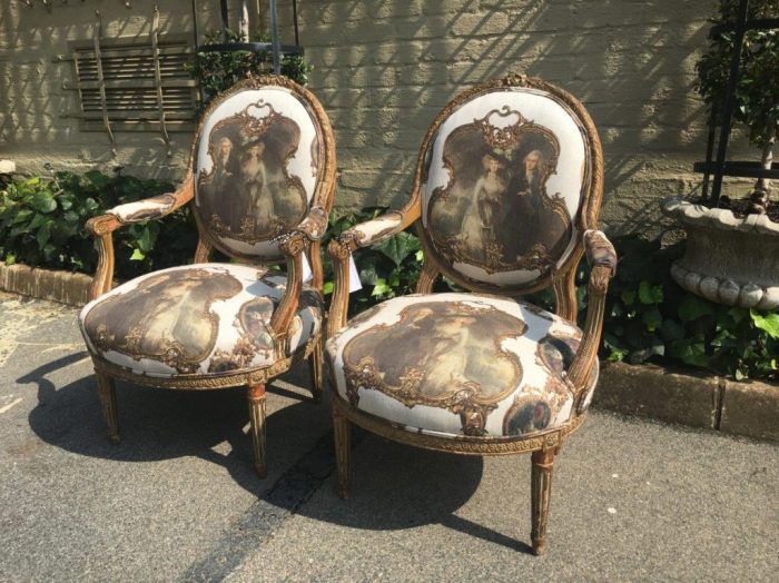 Pair French Louis Style Salon Giltwood Armchairs  upholstered - Image 9