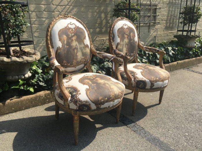 Pair French Louis Style Salon Giltwood Armchairs  upholstered - Image 8