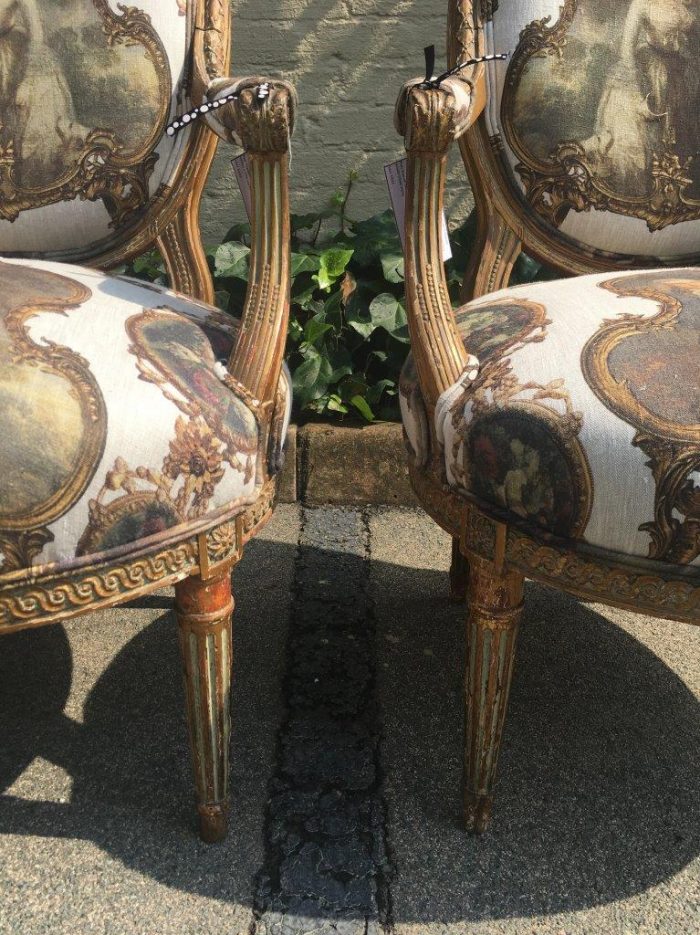 Pair French Louis Style Salon Giltwood Armchairs  upholstered - Image 7