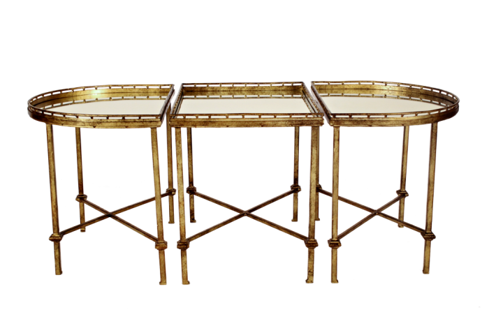 Set of 3 Gilded Wrought Iron Coffee Tables with Gallery Sides (Mirror top)