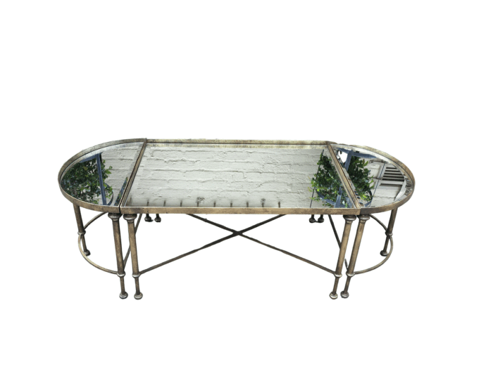 Set of 3 Wrought Iron Gilded Coffee Tables with Mirror Inlay
