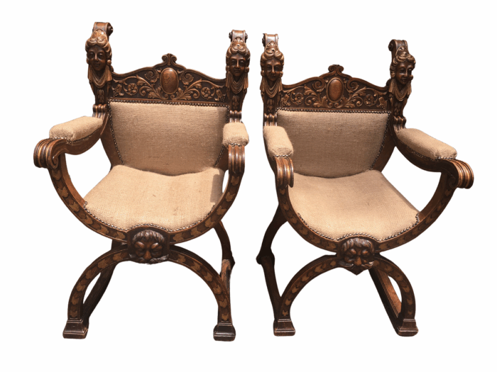 Pair Mid 19th Century Italian Oak Carved Savonarola Chairs, Provenance Heather Lloyd Jones-Westcott, circa 1855 - ND