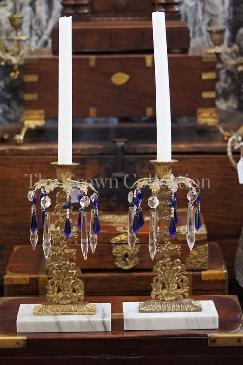 Pair Vintage Cherub Brass Candlesticks With Marble Base