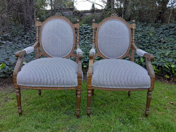 A Pair of 20th Century French Louis XV Style Gilded Armchairs Upholstered in a Ticking Fabric - Image 3