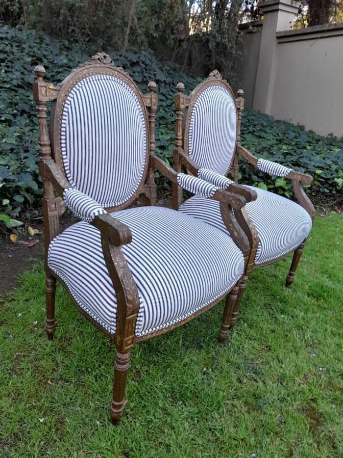 A Pair of 20th Century French Louis XV Style Gilded Armchairs Upholstered in a Ticking Fabric - Image 5