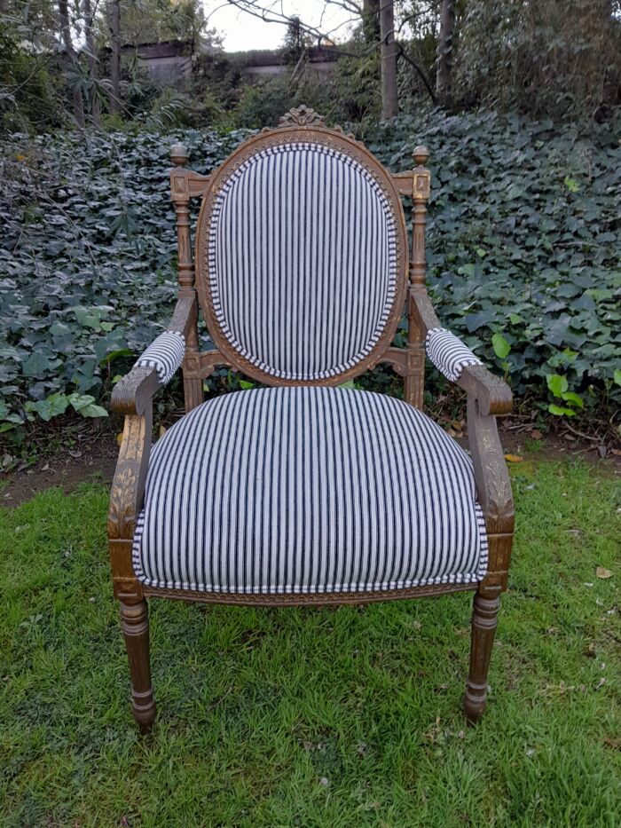 A Pair of 20th Century French Louis XV Style Gilded Armchairs Upholstered in a Ticking Fabric - Image 6