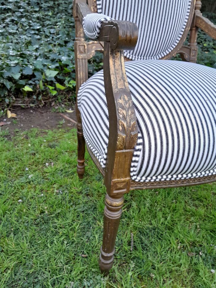 A Pair of 20th Century French Louis XV Style Gilded Armchairs Upholstered in a Ticking Fabric - Image 7