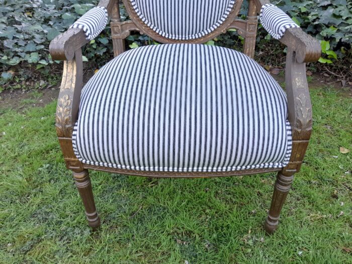 A Pair of 20th Century French Louis XV Style Gilded Armchairs Upholstered in a Ticking Fabric - Image 8