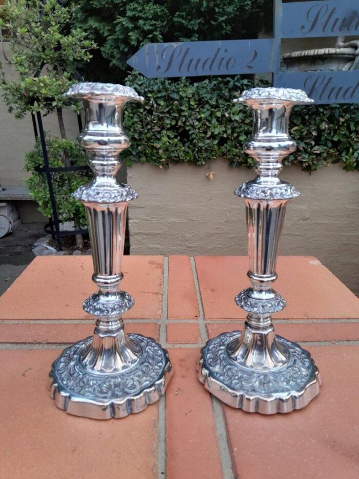 An Antique Circa 1820s  Pair of George IV Silver Plate  Regency Candlesticks / Candle Holders - Image 2
