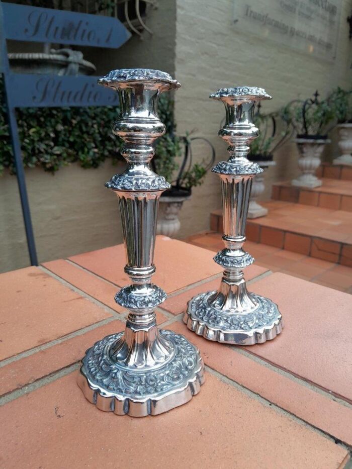 An Antique Circa 1820s  Pair of George IV Silver Plate  Regency Candlesticks / Candle Holders - Image 3