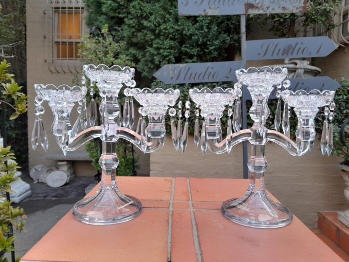 A 20TH Century Pair of Candelabras with Drip Tray and Crystals - Image 2