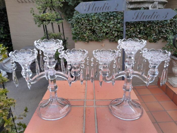 A 20TH Century Pair of Candelabras with Drip Tray and Crystals - Image 3
