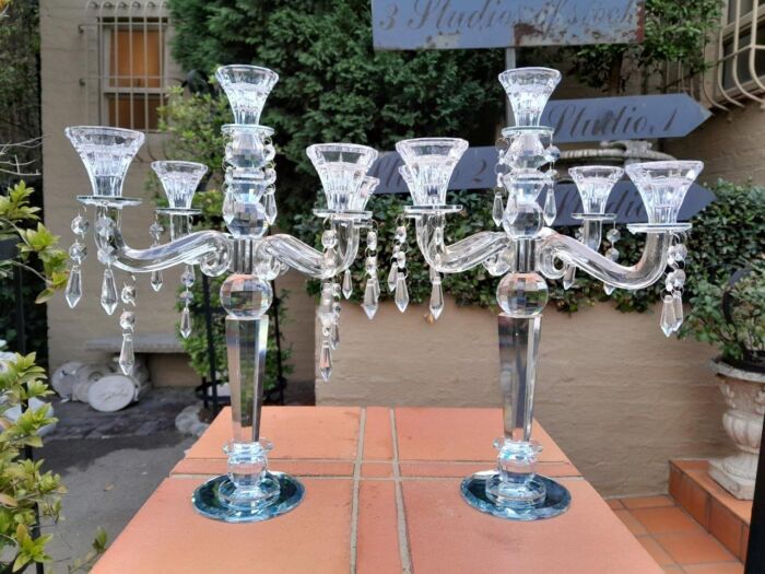 A 20th Century Pair Of Crystal Candelabras With Crystals and Drip Trays - Image 2