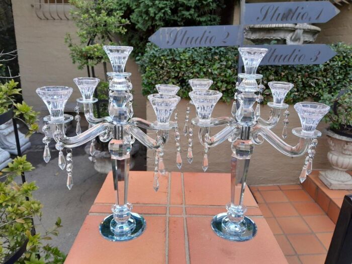 A 20th Century Pair Of Crystal Candelabras With Crystals and Drip Trays - Image 3