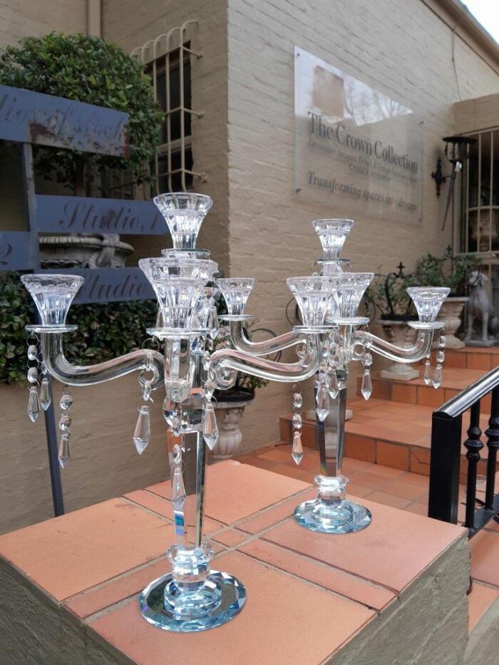 A 20th Century Pair Of Crystal Candelabras With Crystals and Drip Trays - Image 4