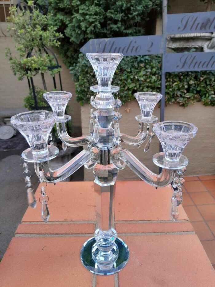 A 20th Century Pair Of Crystal Candelabras With Crystals and Drip Trays - Image 5