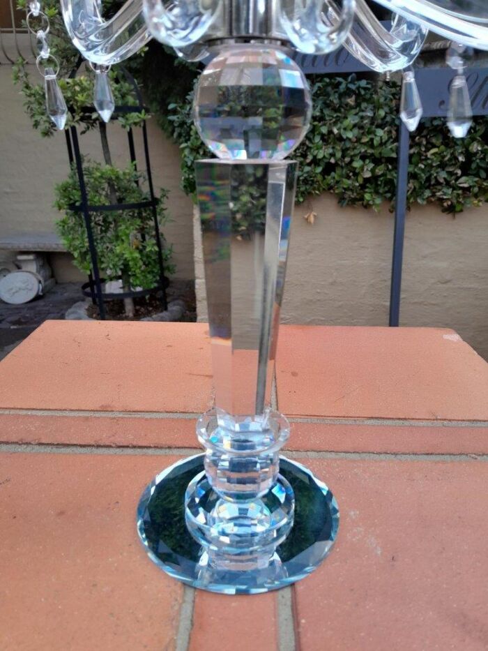 A 20th Century Pair Of Crystal Candelabras With Crystals and Drip Trays - Image 6