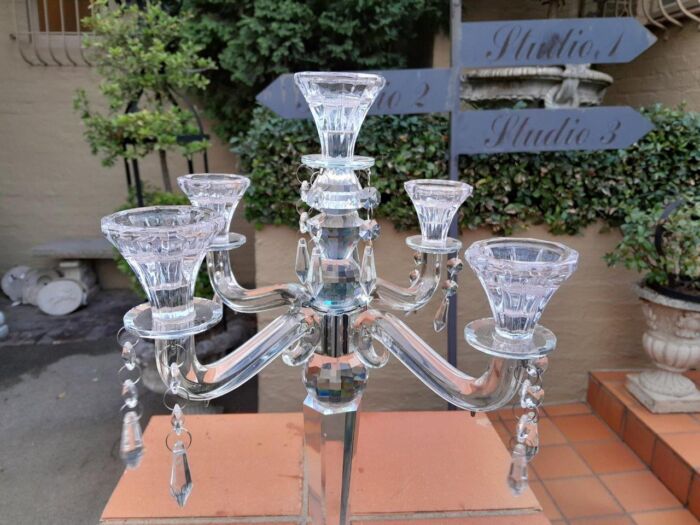 A 20th Century Pair Of Crystal Candelabras With Crystals and Drip Trays - Image 7