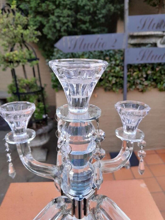 A 20th Century Pair Of Crystal Candelabras With Crystals and Drip Trays - Image 8