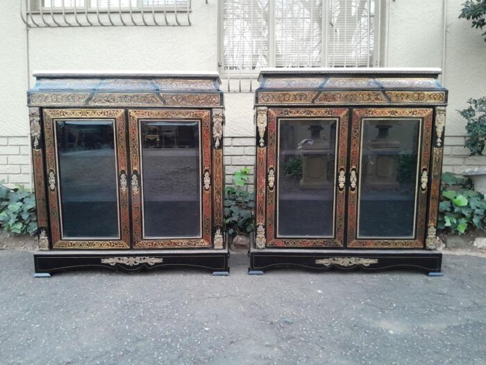 A Near Pair of Late 19th Century  / Early 20th century French Boulle Ebonised and Gilt Metal Cabinets and Cream Marble Tops - Image 2