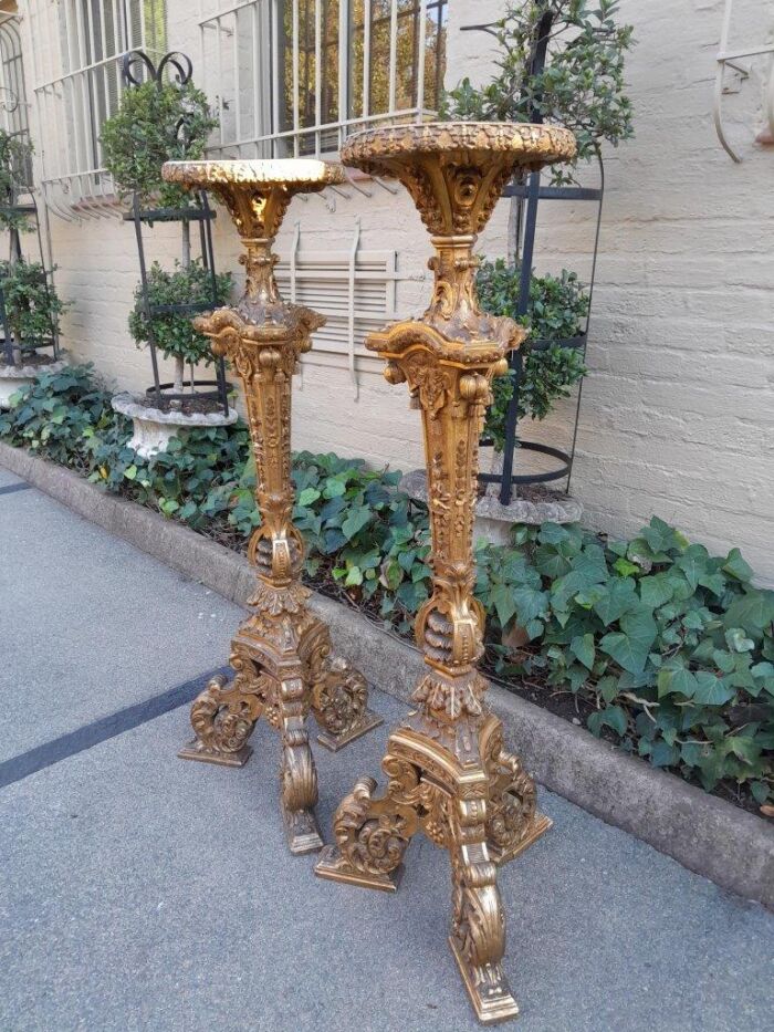 An Antique 19th Century Pair of Heavily Carved Gilt-Wood Candle Holders of Large Proportions - Image 4