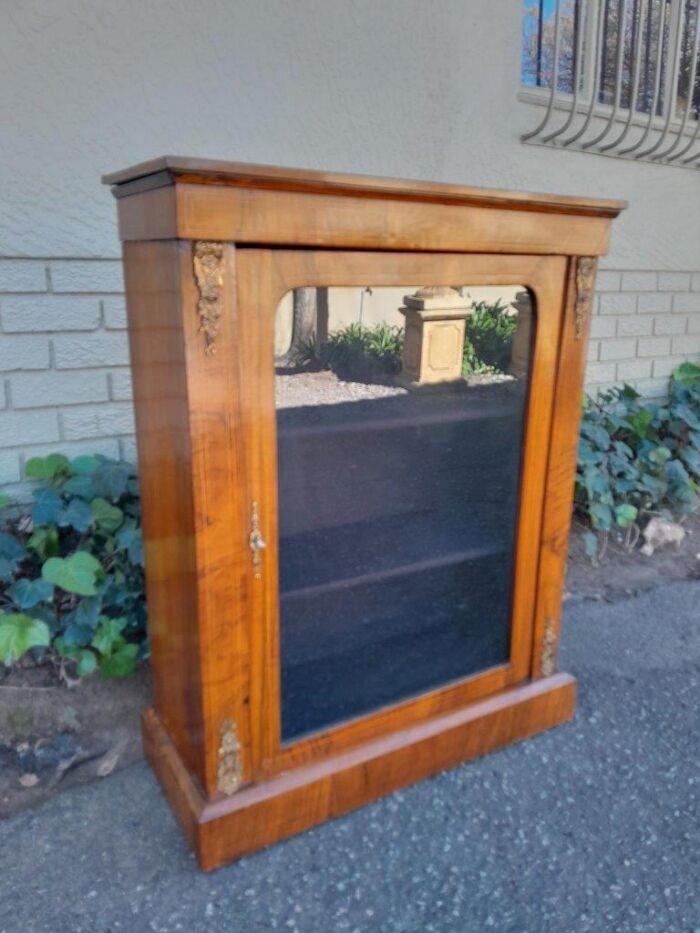 An Antique Victorian Walnut Cabinet with Metal Mounts and Glass Door - Image 3
