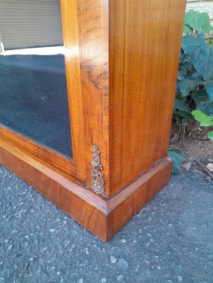 An Antique Victorian Walnut Cabinet with Metal Mounts and Glass Door - Image 5