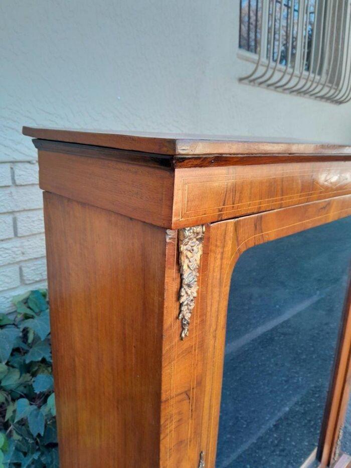 An Antique Victorian Walnut Cabinet with Metal Mounts and Glass Door - Image 6