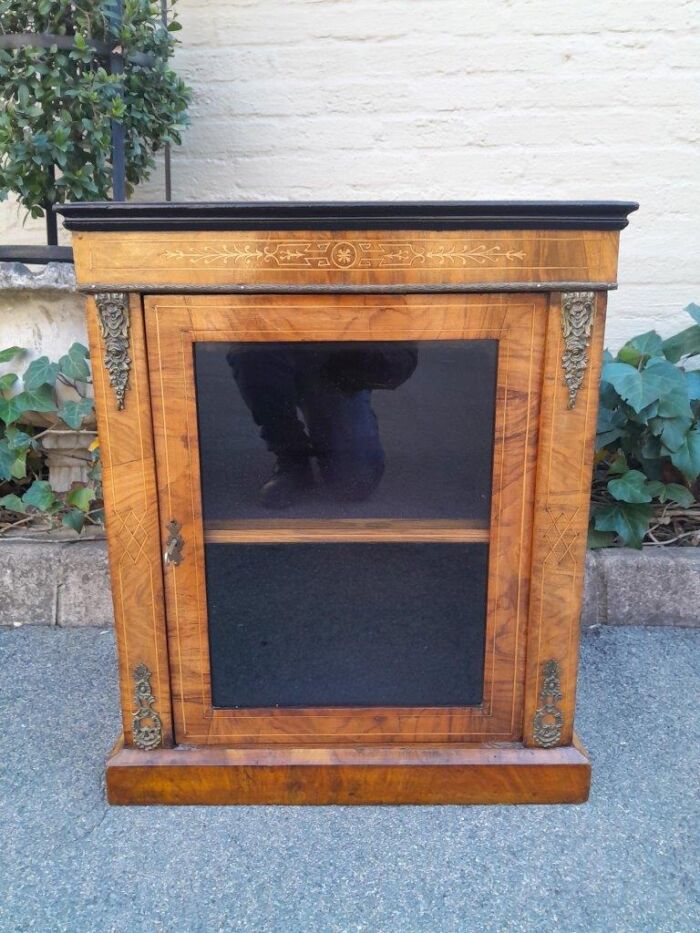 An Antique Victorian Walnut Cabinet with Metal Mounts and Glass Door - Image 2