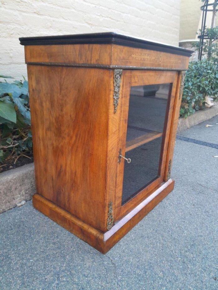 An Antique Victorian Walnut Cabinet with Metal Mounts and Glass Door - Image 3