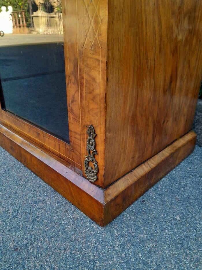 An Antique Victorian Walnut Cabinet with Metal Mounts and Glass Door - Image 4