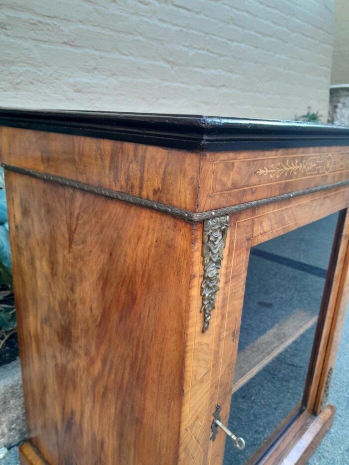 An Antique Victorian Walnut Cabinet with Metal Mounts and Glass Door - Image 5