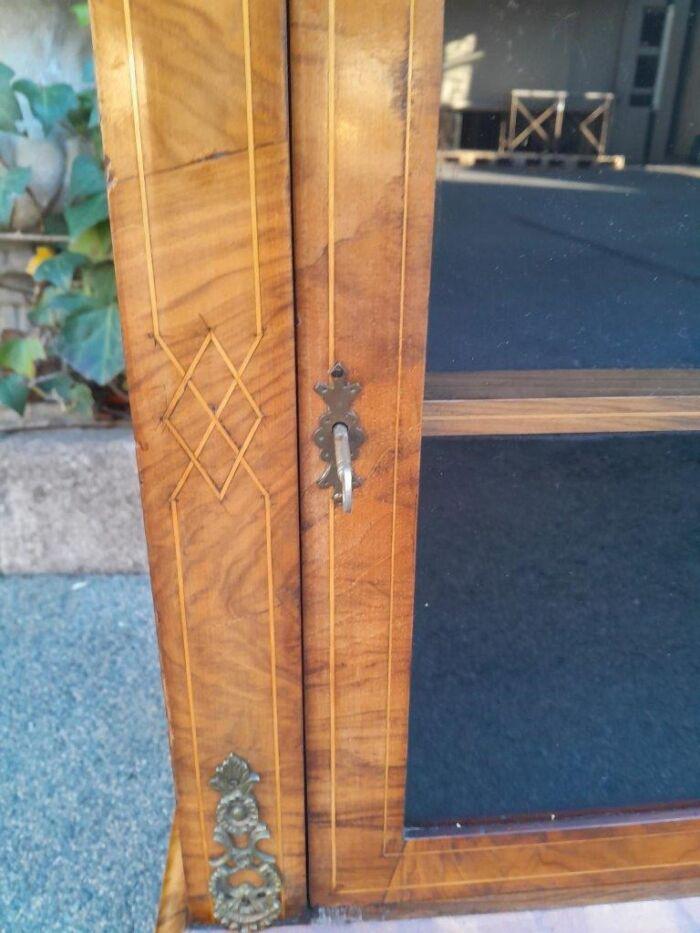 An Antique Victorian Walnut Cabinet with Metal Mounts and Glass Door - Image 6