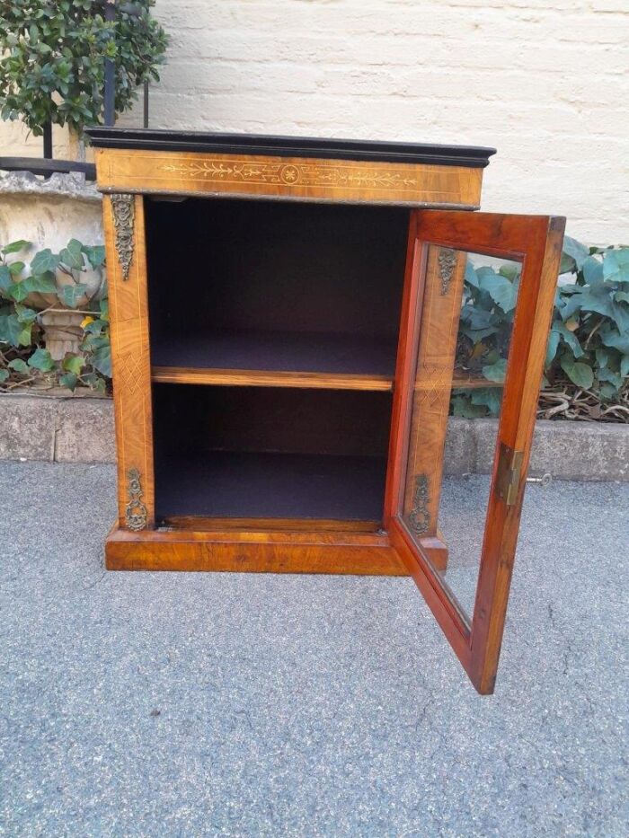 An Antique Victorian Walnut Cabinet with Metal Mounts and Glass Door - Image 8